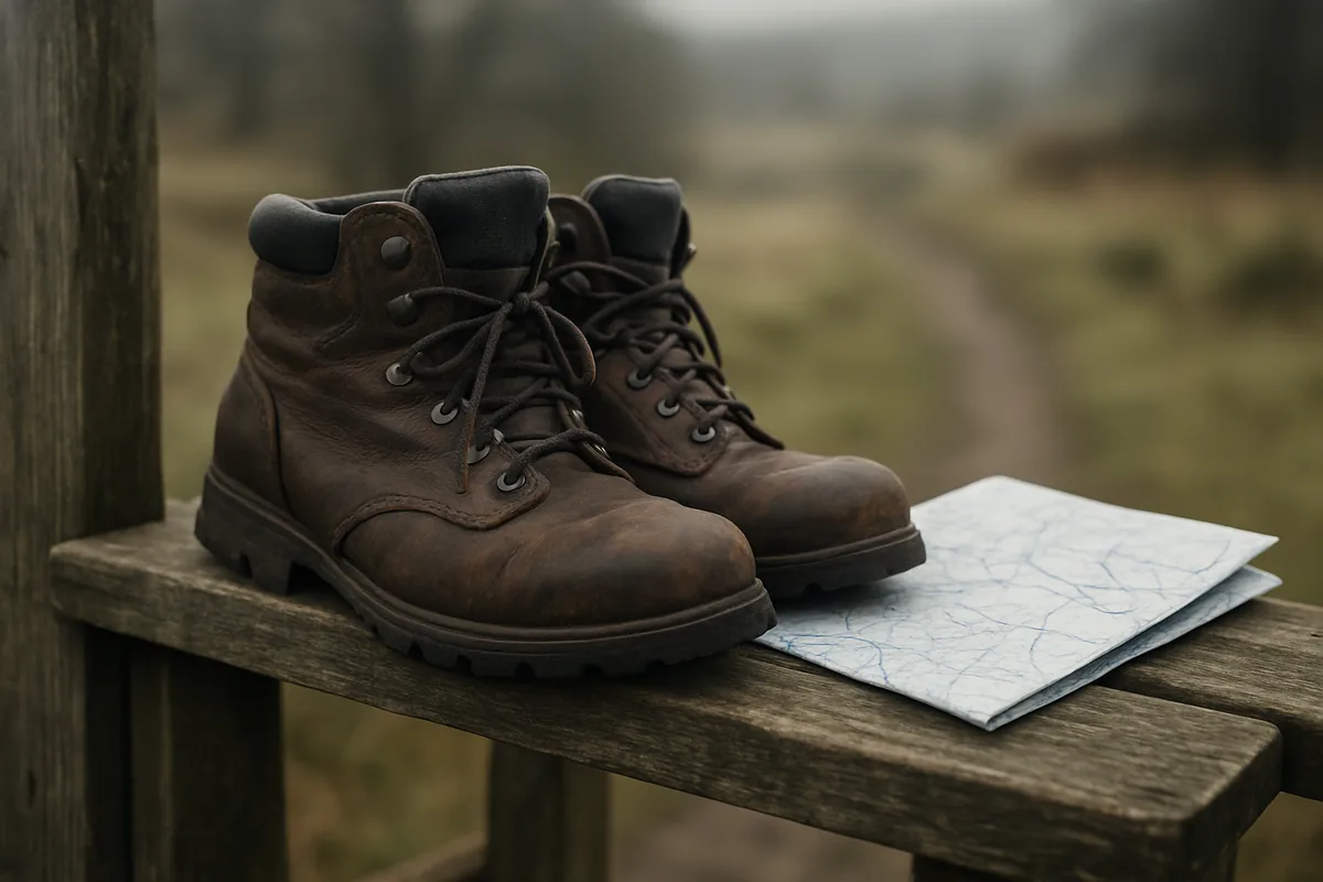 Walking boots and a folded map resting on a wooden stile
