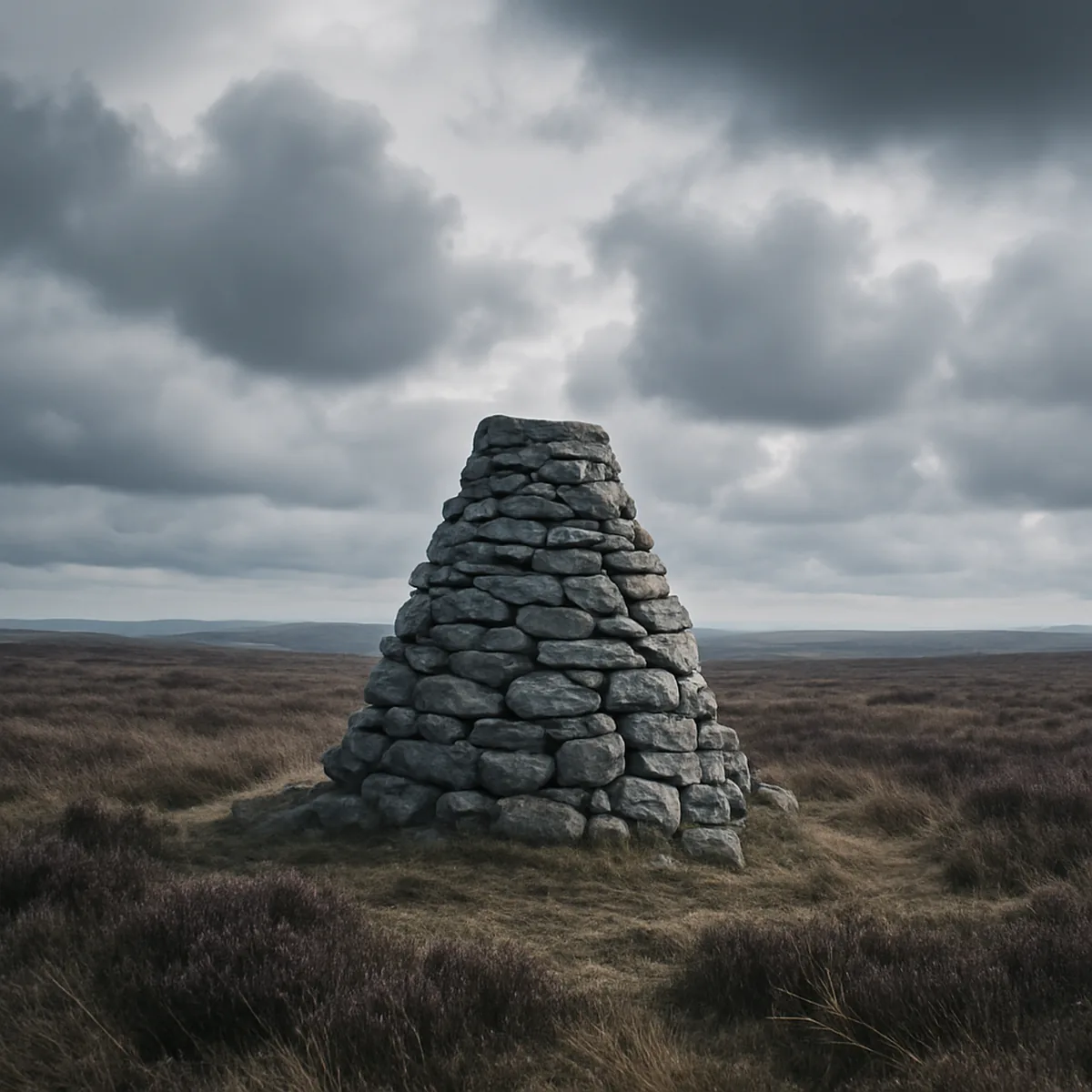 Stone cairn on a hilltop above moorland under a cloudy sky