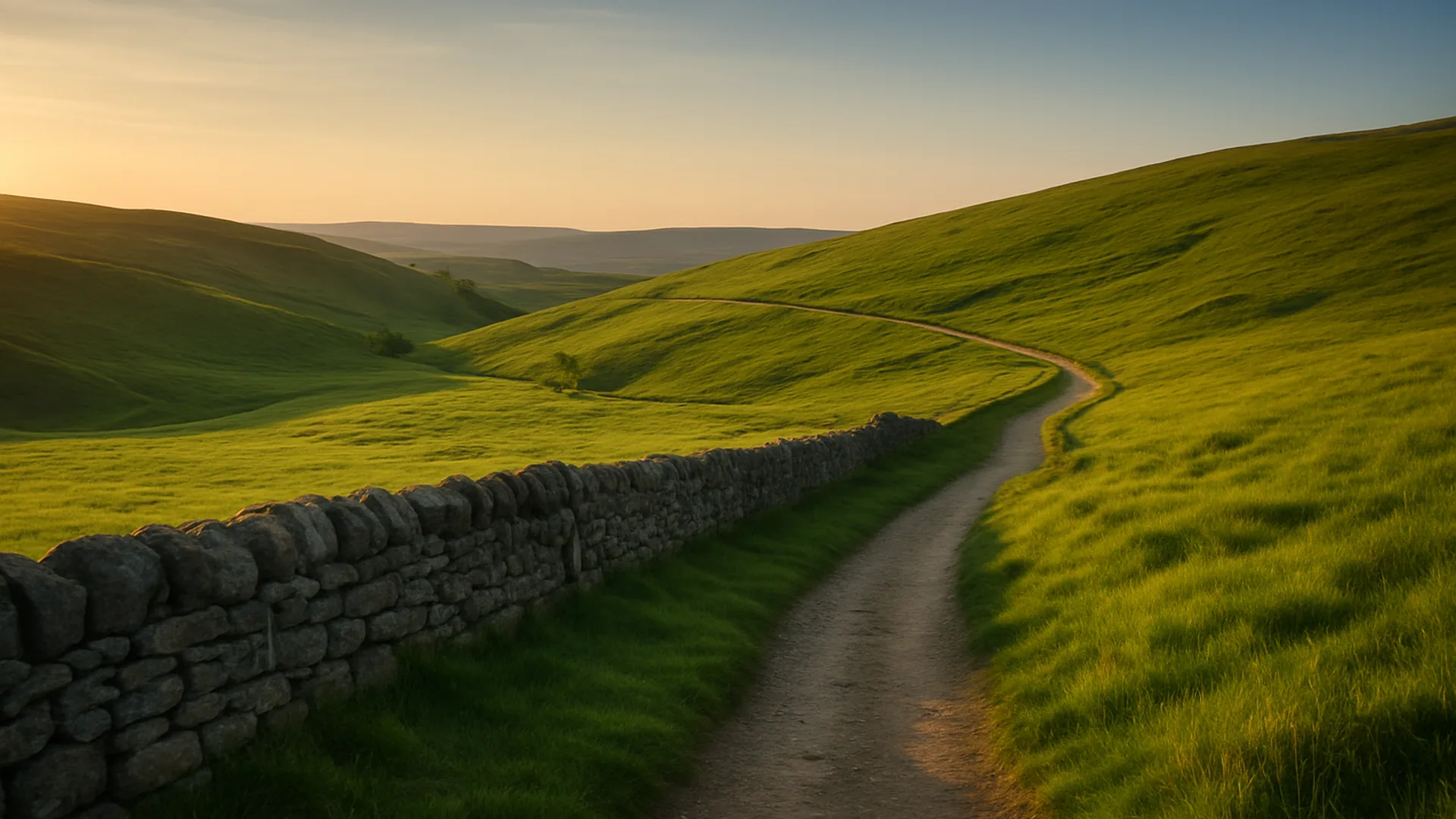 Footpath across green hills beside a dry-stone wall at golden hour